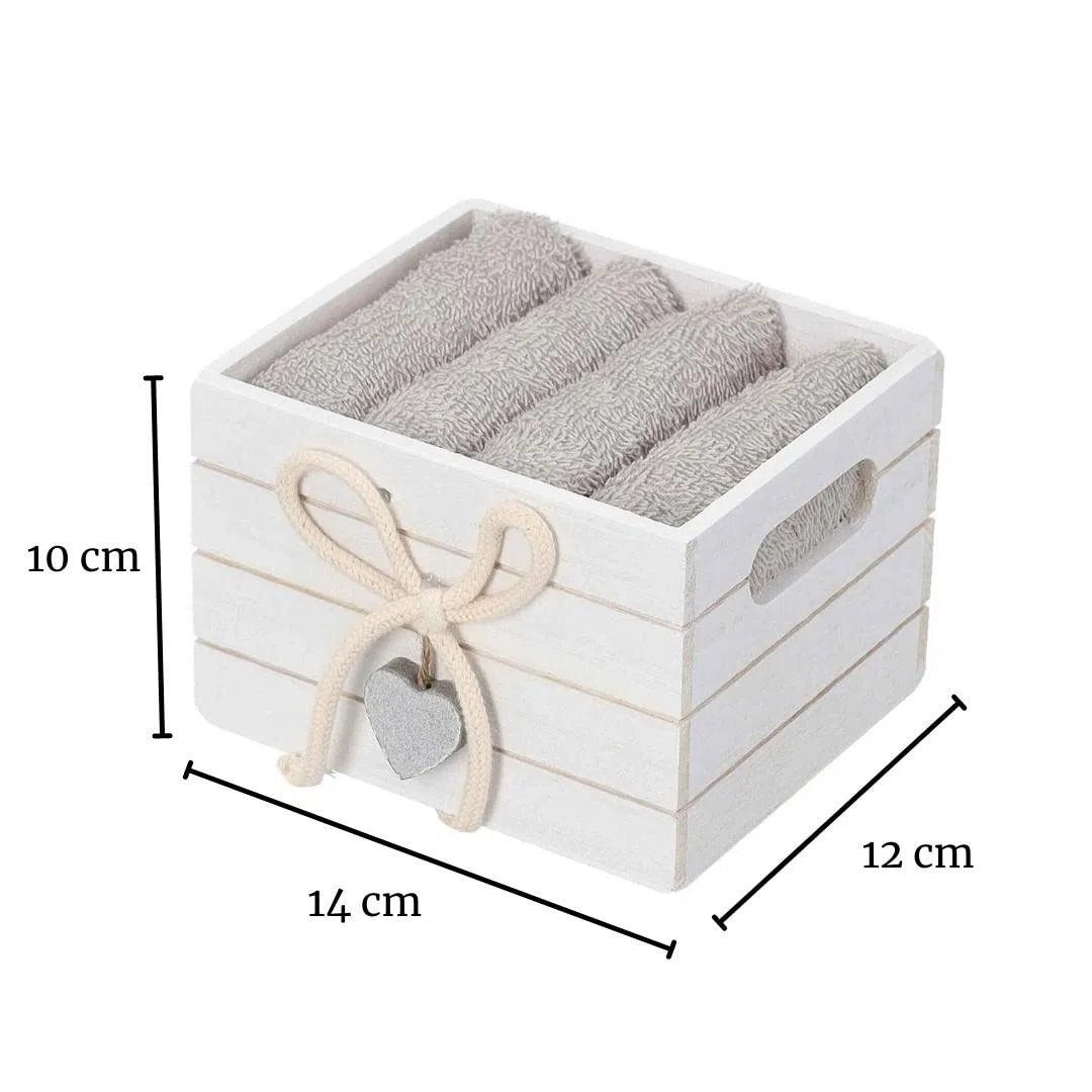 Set 4 Lavette Bagno con Cestino in Legno Bruges Asciugamani Piccoli Ospiti con Cestino. - Bianco