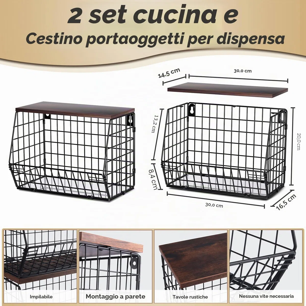 Mefirt Portafrutta 2 Livelli Cesto Frutta da Tavolo, 2 Pezzi Moderno con Coperchio in Legno, Impilabile e Montabile a Parete Cestino Frutta per Conservare Verdure Frutta Snack