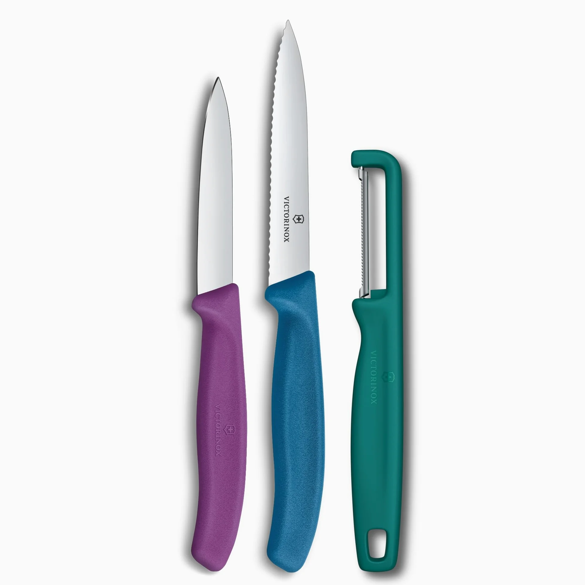 Victorinox Swiss Classic Set di coltelli per verdure con pelapatate, spelucchino e coltello per pomodori, 3 pezzi, lama diritta e seghettata, acciaio inox, Colorato