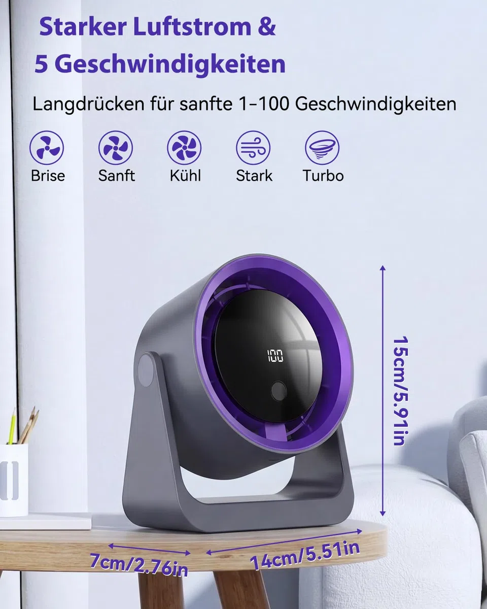 Timiyou Ventilatore da Tavolo Silenzioso con Batteria 2000mAh, Display LED, Regolazione Continua 1-100, Autonomia 12 Ore, Ricarica USB-C, Ventilatore da Scrivania Per Ufficio, Casa, Camera da Letto