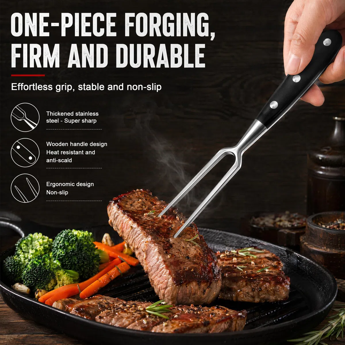 Forchetta da carne in acciaio inox con manico – Forchetta trinciante da 30 cm, Forchetta da portata professionale multifunzionale per barbecue, cucina, tacchino, arrosto cena