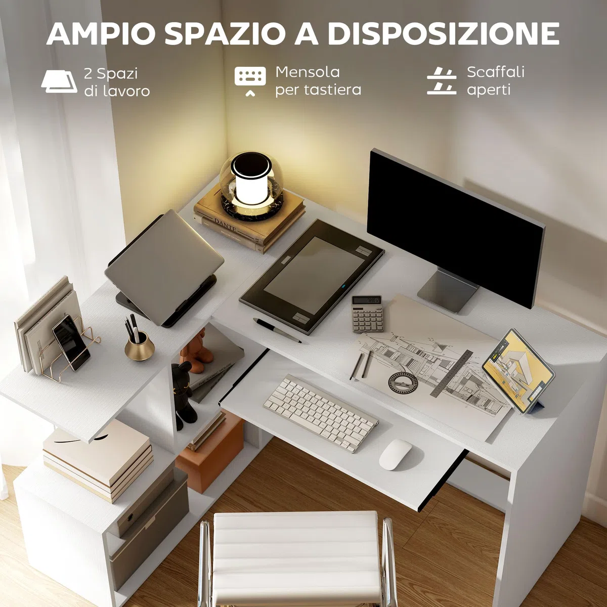 HOMCOM Scrivania Angolare, 120x100cm Scrivania ad Angolo con Ripiano Scorrevole per Tastiera e 4 Ripiani Portaoggetti, Tavolo Salvaspazio ad L per Computer, Ufficio, Studio, Camera da Letto, Bianco