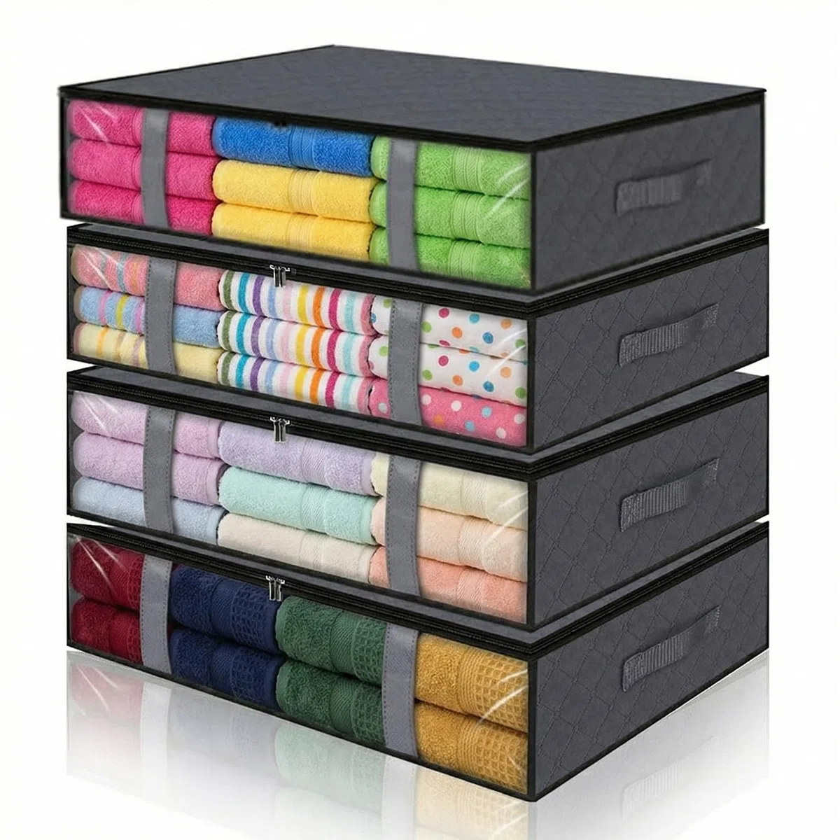 4 Pezzi Contenitori Sottoletto 60x45x15cm Scatole Sotto Letto Contenitore con Finestra di Osservazione e Maniglia per Piumoni, Lenzuola, Vestiti per Camera da Letto, Armadio