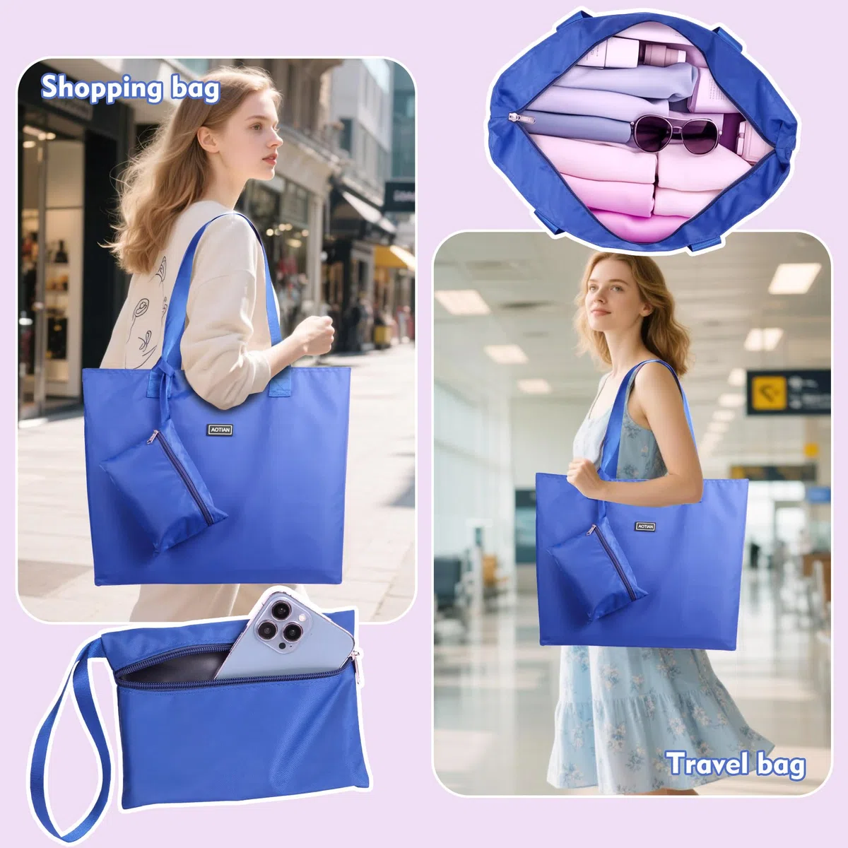 AOTIAN Borsa della Spesa Riutilizzabile Portatile Leggero Borse a Mano Pieghevole Grande Shopping Tote Bag, Borse a Tracolla, Tasche Fitness, Borse da Spiaggia o Viaggio