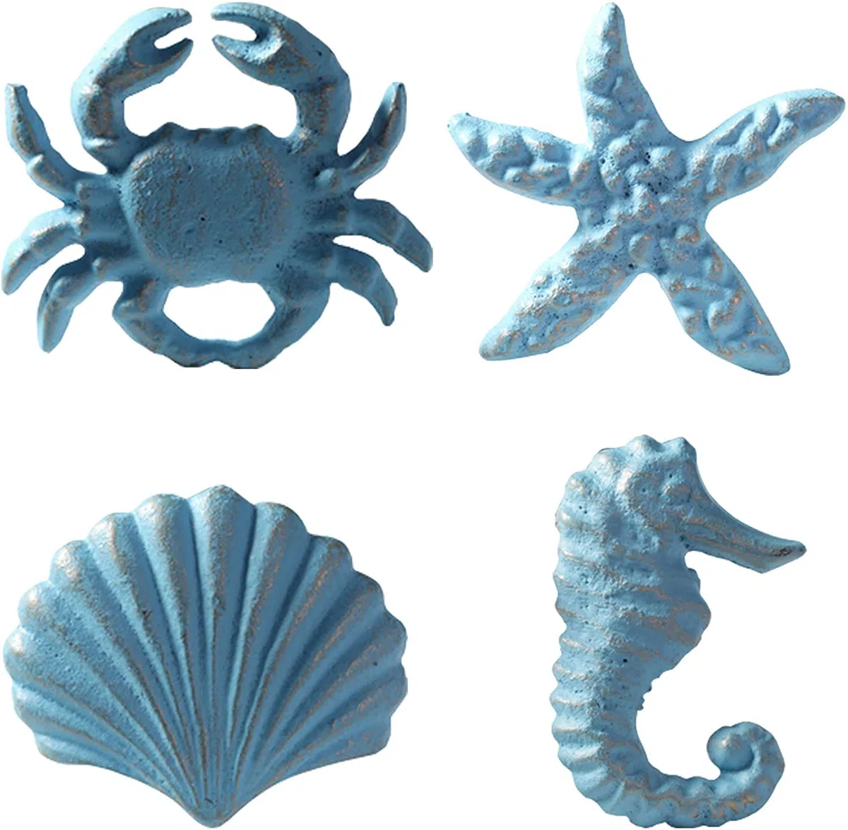 pomelli in ghisa per cassetti, in stile marino, a forma di conchiglia, granchio, cavalluccio marino e stella marina, ideali per cassettiere, armadi, porte, sottolavabo, blu