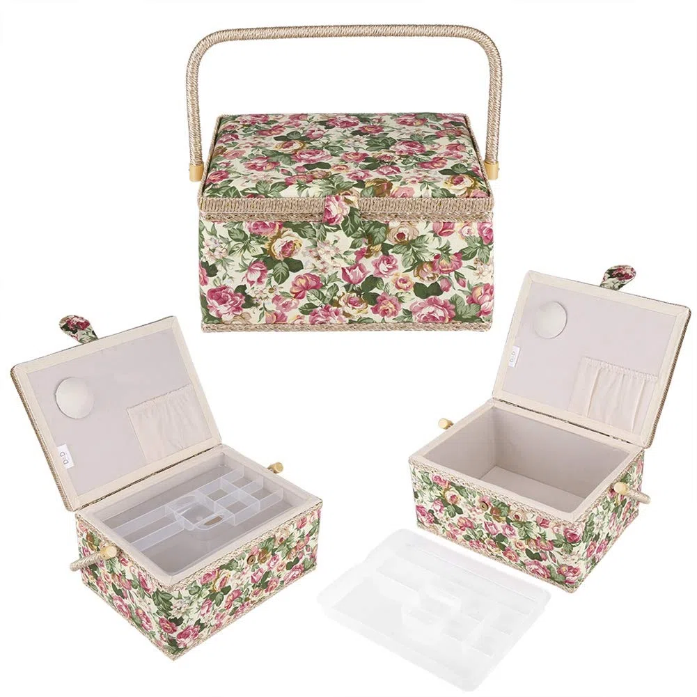 FLEXMAN Cestino da Cucito Grande, Scatola Portaoggetti per Kit da Cucito con Stampa Floreale in Tessuto, Organizer per Scatola da Cucito con Manico Ergonomico per Piccoli Articoli