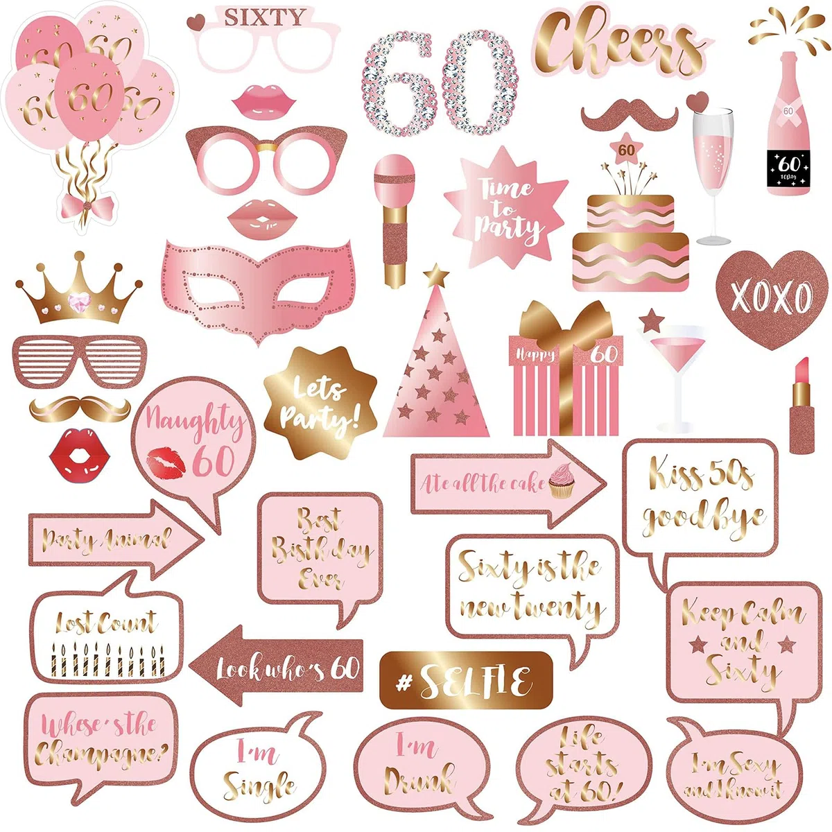Photobooth 60 anni, 34 pezzi, kit fotografico per compleanno, rosa oro, fotobooth compleanno, rosa oro, fotobooth compleanno con cornice per foto 60 anni, props photobooth, accessori per selfie
