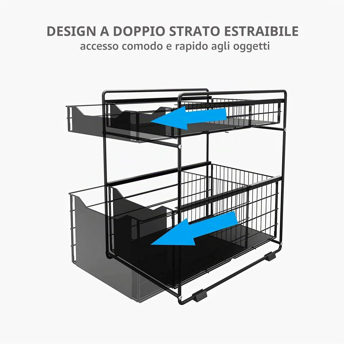 Organizzatore a 2 Ripiani con Cassetto Portaoggetti Sotto il Lavandino Scorrevole Cestino Estraibile Portaspezie Organizer per Snack per Cucina Bagno Camera da Letto-Nero