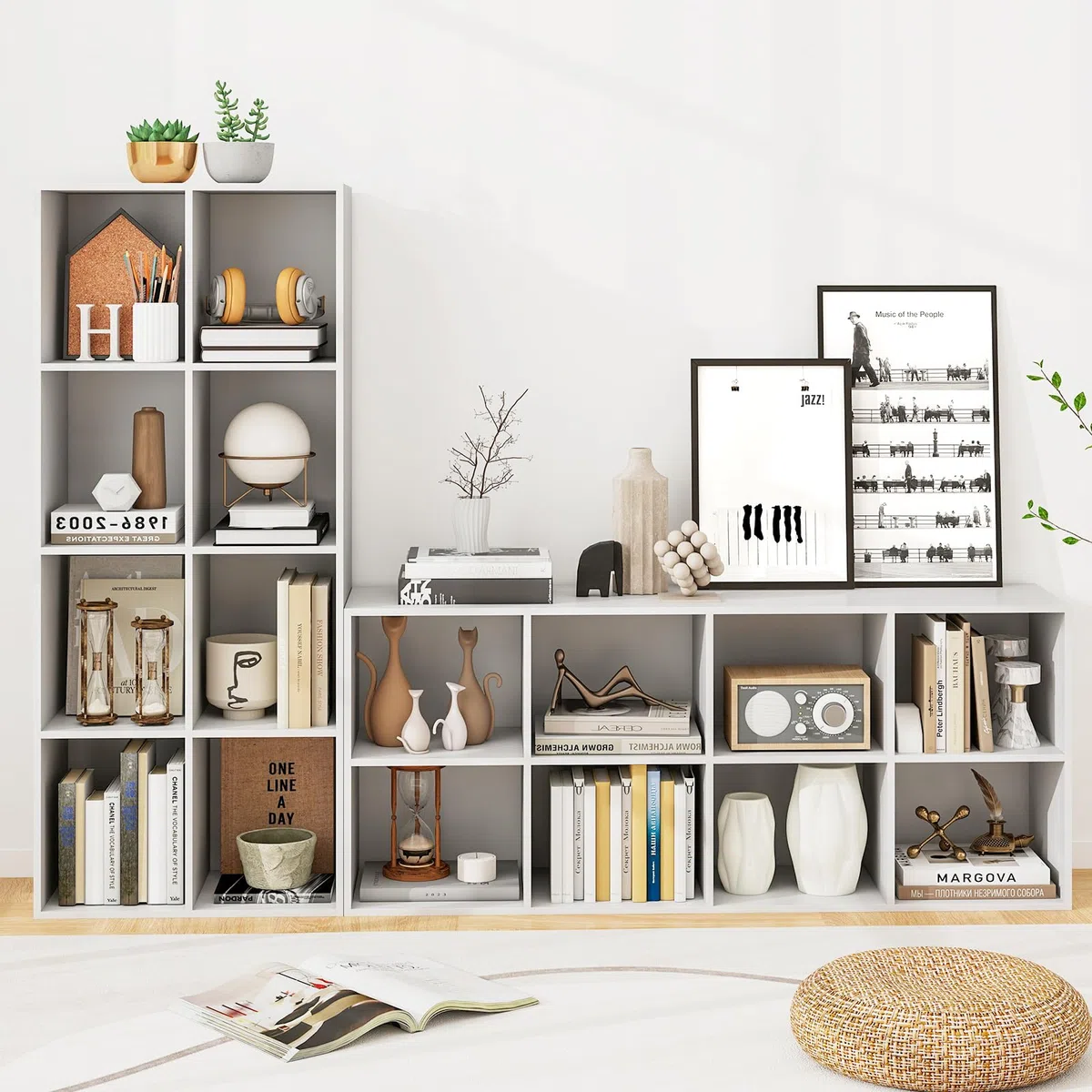 KOMFOTTEU Libreria Scaffale con 8 Cubi, Libreria Legno con 2 Dispositivi Antiribaltamento, Mobile Contenitore per Soggiorno, Camera da Letto, Ufficio, 121,5 x 29 x 61 cm (Bianco)