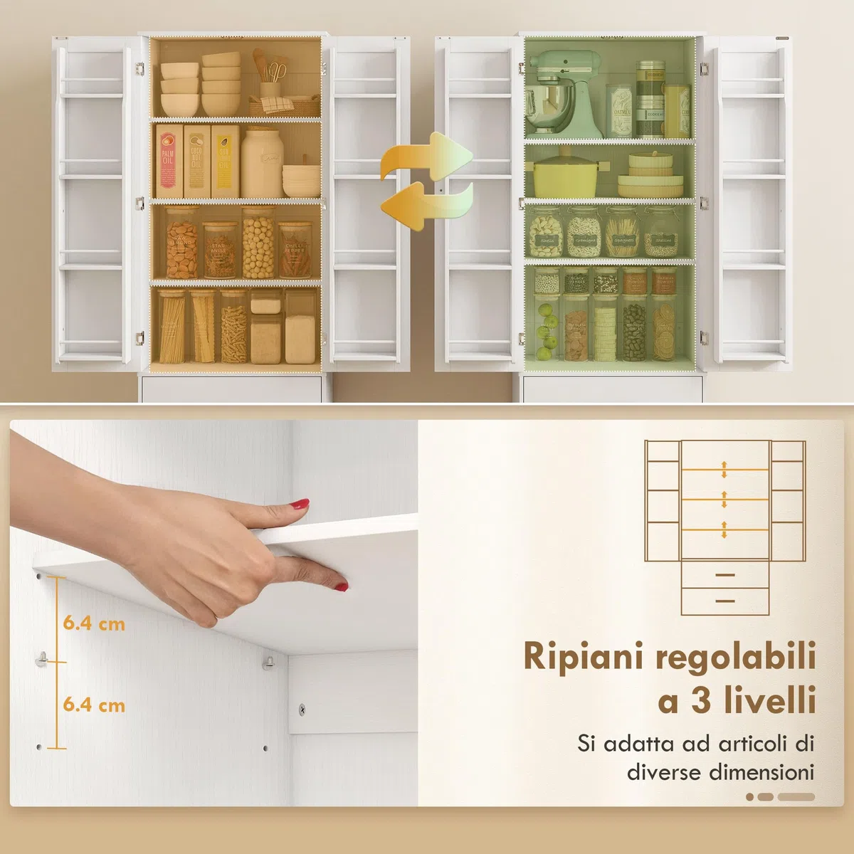 HOMCOM Credenza Cucina Alta 159 cm, Mobile Cucina con 8 Portaspezie sulla Porta, 2 Ante e 2 Cassetti, Mobile Dispensa Moderno con Ripiani Regolabili, per Sala da Pranzo, Soggiorno, Bianco