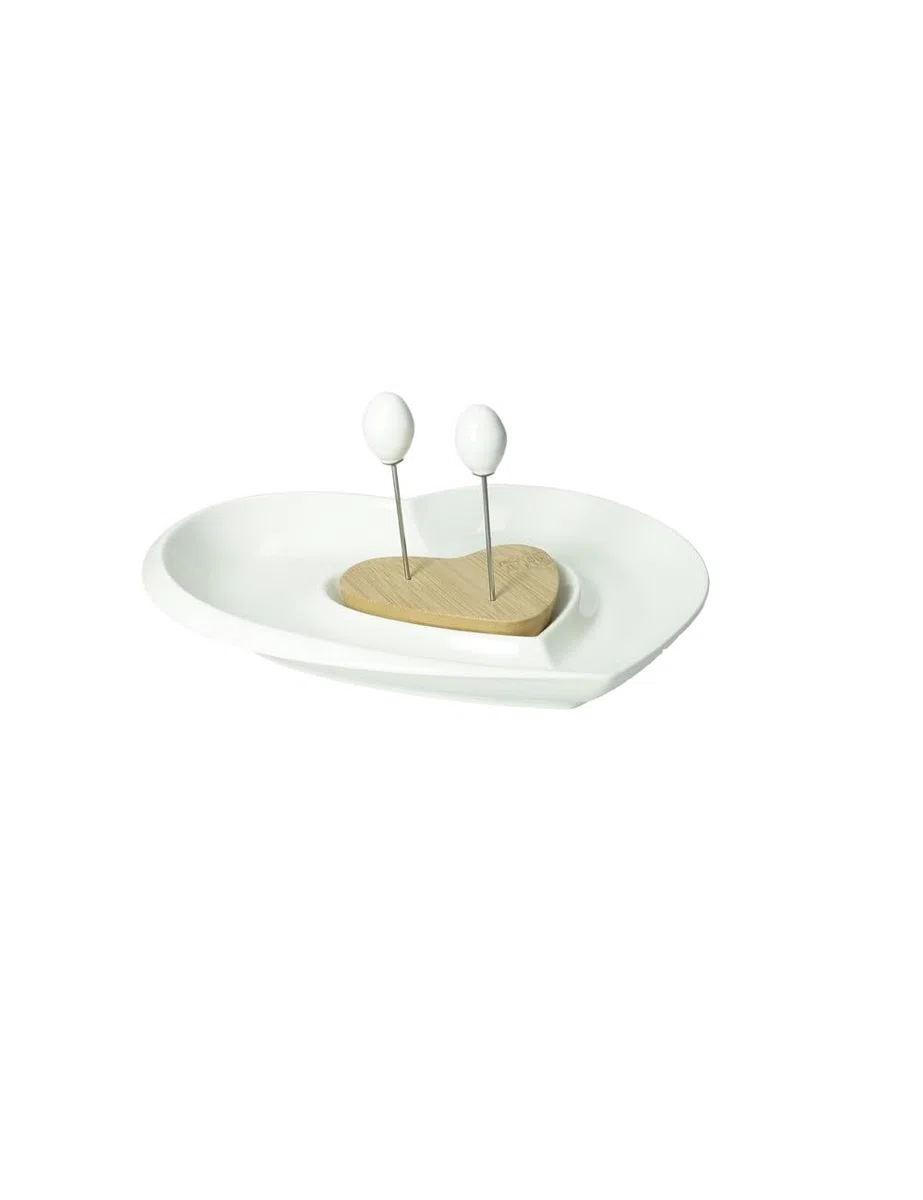 BRANDANI Antipastiera “Love” – Porcellana & Bamboo, 23×22,5 cm, con 2 Forchettine Inox, Lavastoviglie.