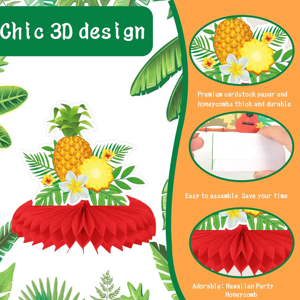 HOWAF 9 Pezzi Centrotavola Hawaiano, Aloha Decorazioni da Tavola Fenicotteri Rosa Ananas Noce di Cocco Centrotavola a Nido d'Ape Hawaiano Luau Tiki Centrotavola Tropicale 3D per Addobbi Festa Hawaiana