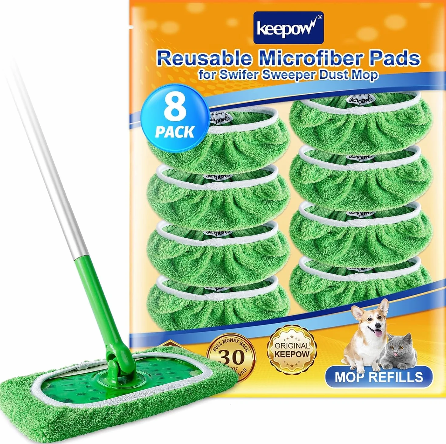 KEEPOW 8 Verde Panni per Swiffer Lavapavimenti, Microfibra Panni per Swiffer Scopa, Lavabili per Swiffer Panni Catturapolvere, Panni Riutilizzabili per Swiffer Sweeper Mop, 8 Pezzi