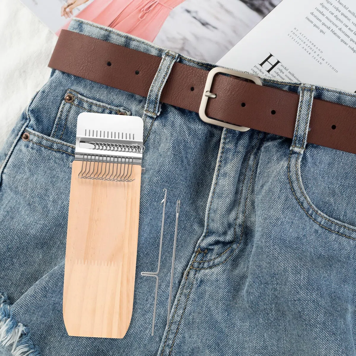 Fukaisu Maglia Toppa Riparazione Kit, Portatile Rammano Telaio con 14 Ganci Veloce Rattoppare per Jeans Abbigliamento Buchi Tessitura Telaio Artigianato Set per Principianti DIY Tessuto Riparazione