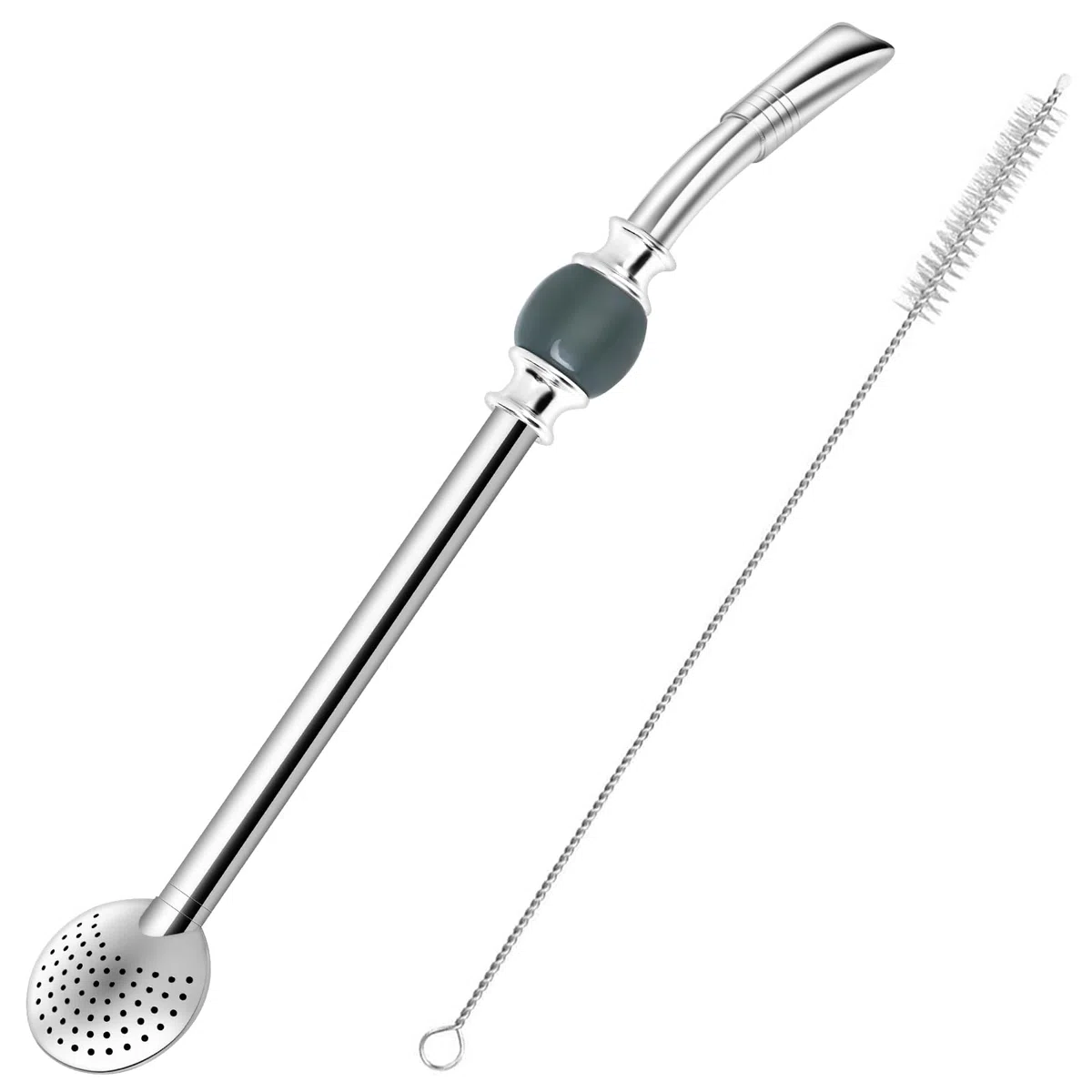 Cannuccia riutilizzabile Bombilla Yerba Mate – Filtro a cucchiaio rimovibile in acciaio inox con una bella perlina – Cannuccia in metallo per bere tè sfuso – Include spazzola per la pulizia (grigio