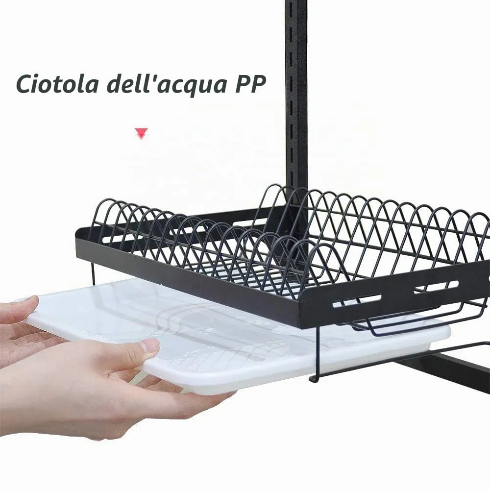junyuan Scolapiatti da appendere a parete, scolapiatti a 3 ripiani, con vassoio di scarico con 3 ganci, in acciaio inox, nero, grande, altezza regolabile