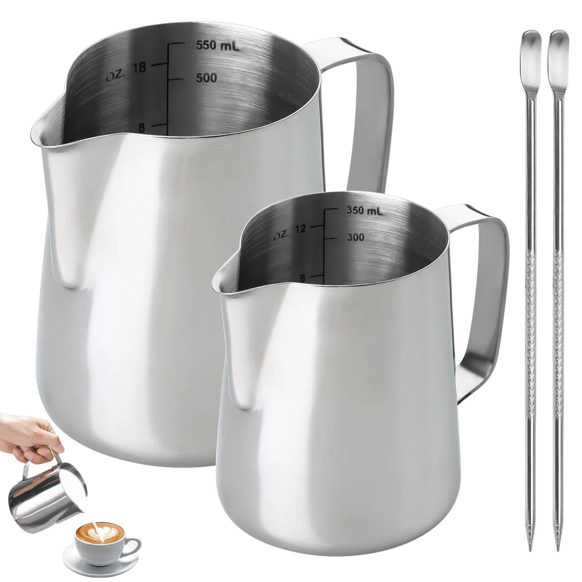Bricco per latte in acciaio inox, 350 e 600 ml, per cappuccino, espresso e barista