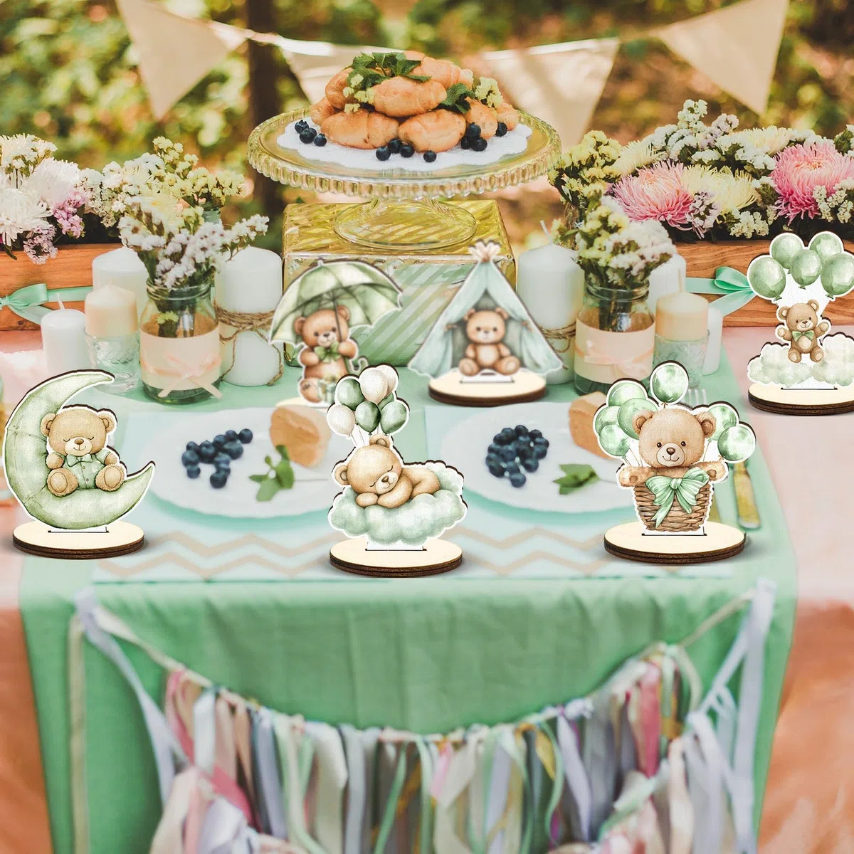 8 Pezzi Decorazioni in Legno per Baby Shower, Verde Salvia, Orso, Topper da Tavolo con Cartello Rimovibile, per Bambino O Bambina, Decorazioni per Rivelazion
