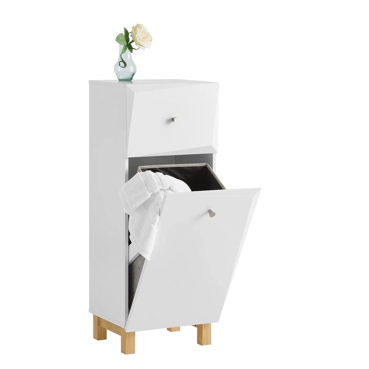 SoBuy Armadietto da Bagno con Cesto per il Bucato – Mobile per il Bucato con Cassetto Compatto, Mobile Salvaspazio in Legno per il Bagno, Design Moderno, Bianco, 34x90x30 cm, BZR93-W