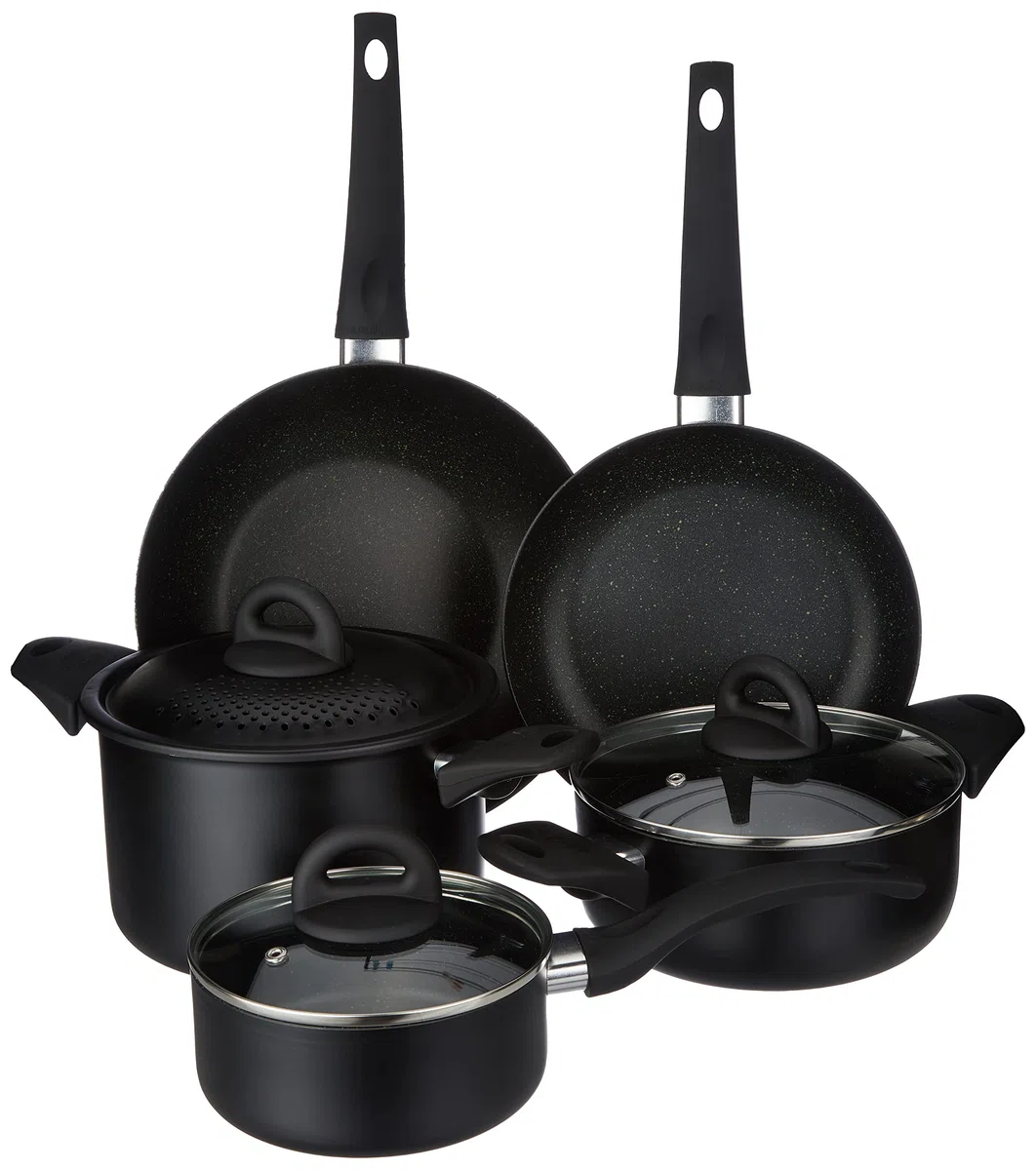 Tognana Rock In Black, Batteria di pentole e padelle, Set con 1 padella, 1 saltapasta, 2 casseruole, 1 pastaiola, 3 coperchi trasparenti, 8 Pezzi, Alluminio, Nero