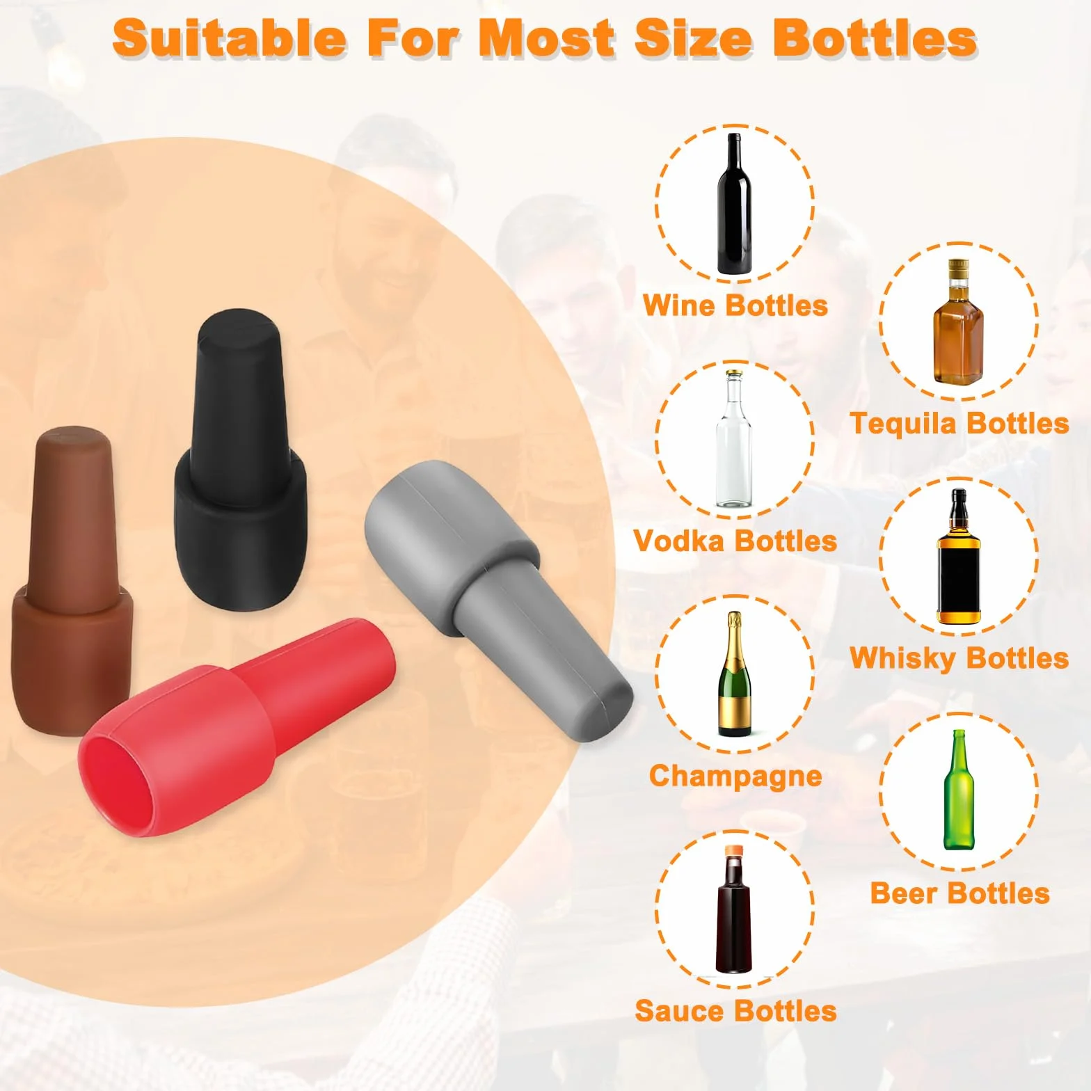 Sicure Tappi Colorati per Bottiglie, 8 Pcs Tappo per Vino in Silicone, Tappi per Bottiglia in Silicone Riutilizzabileper Diversi tipi di Bottiglie di Vetro per Conservare ​la Birra Champagne
