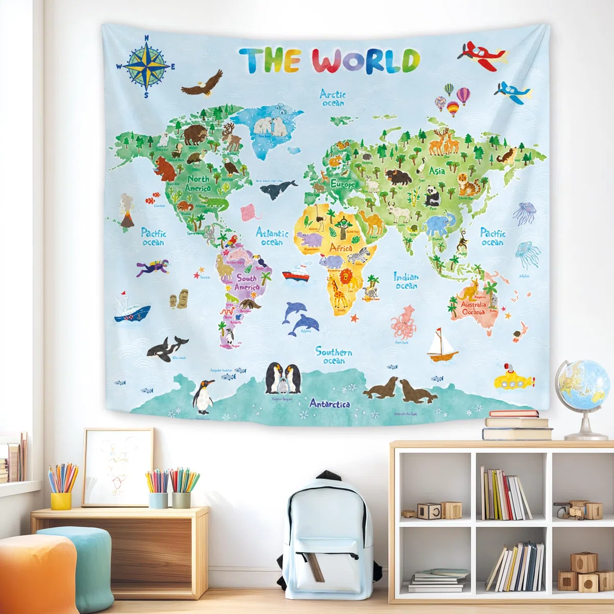 BASHOM TP-001 Poster con Mappa del Mondo degli Animali per Bambini Apprendimento Educativo Appeso a Parete per Camera da Letto Soggiorno Asilo Nido Dormitorio Home Decor 60''x50'' (150x130 cm)