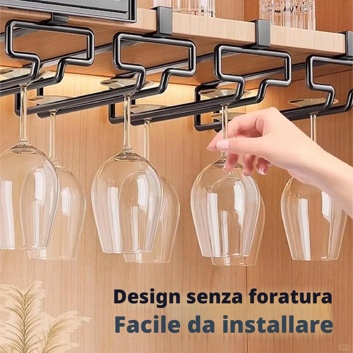 2 Pezzi Supporti per Bicchieri da Vino Sospesi, in Metallo, Portabicchieri da Vino Sotto l'Armadio, Supporto Stemware Portabicchieri per Cucina, Bar, Ristorante (Nero)