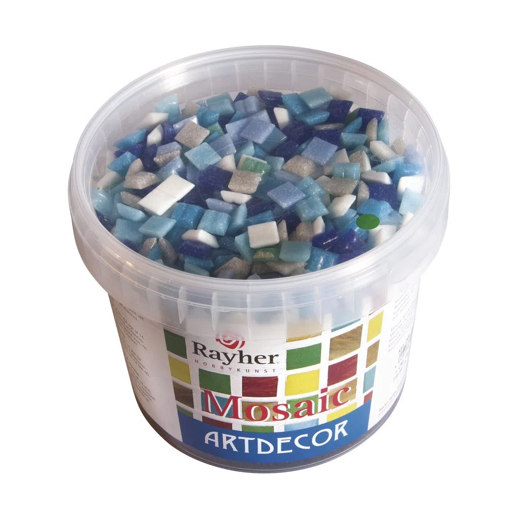 Rayher 1453008, Set tessere per mosaico, tasselli in vetro, piastrelle ideali per decorazioni e fai da te, 1x1 cm, ca. 1300 pz, sfumature di blu.