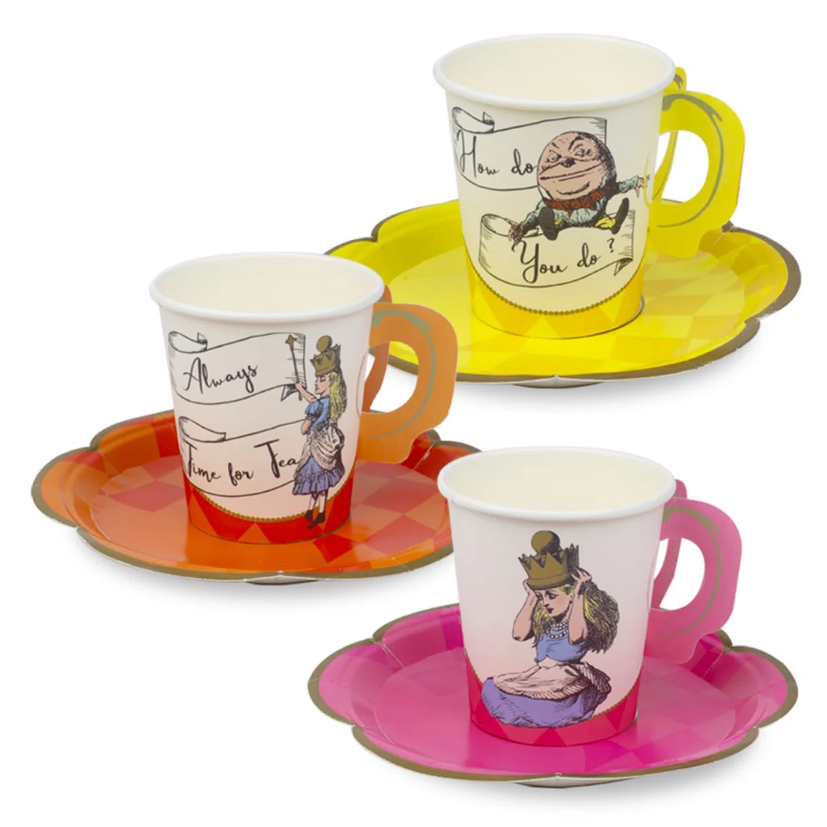 Talking Tables 12 x Tazze da Tè e Piattini Monousa Alice nel Paese delle Meraviglie – Festa della Mamma, Tè Pomeridiano, Cappellaio Matto, Pasqua, Compleanno – 170ml