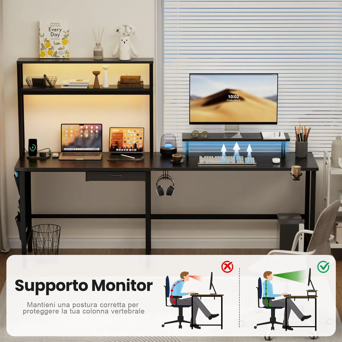 HLFURNIEU Scrivania Angolare con LED, 150 x 100 cm Scrivania Gaming a L con 3 Prese & 2 Porta USB, Tavolo Angolo Salvaspazio, con Libreria, Cassetti & Borsa Portaoggetti, Supporto per Monitor, Nero