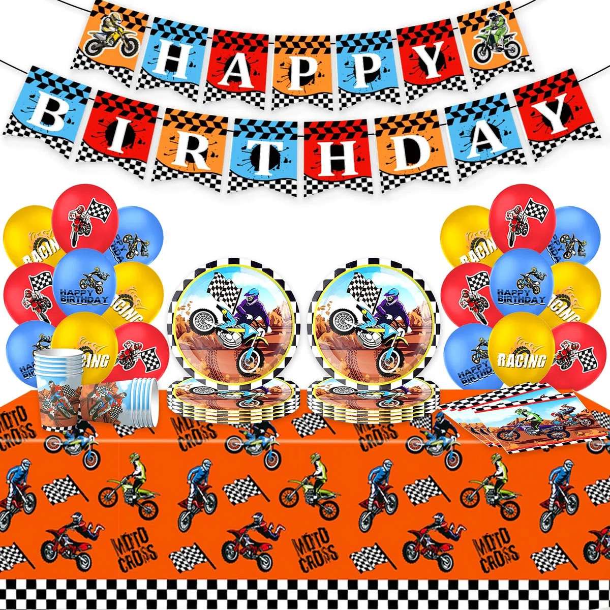 Set di stoviglie per moto, compleanno, per feste di compleanno, per bambini, per feste di compleanno per bambini, decorazione di compleanno, 10 ospiti (moto 3)