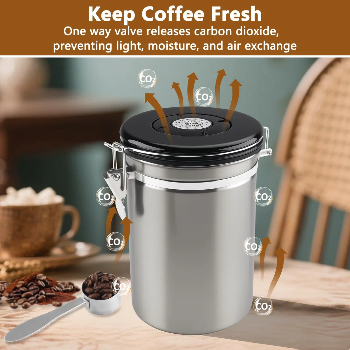 1,8 L Barattolo Caffe Ermetico, Inossidabile 304 Contenitore per Caffè - Barattolo per Caffè, con Un Quadrante Della Data e Cucchiaio, per Farina, Fagioli, Tè, Cereali e Zucchero (Grigio)