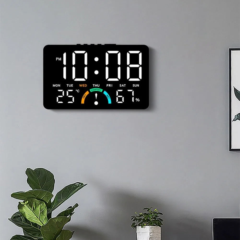 Grande orologio digitale a LED con ora, umidità, temperatura, data, sveglia e indicatori di livello di comfort, progettato per appendere alla parete o da installare in piano (bianco)