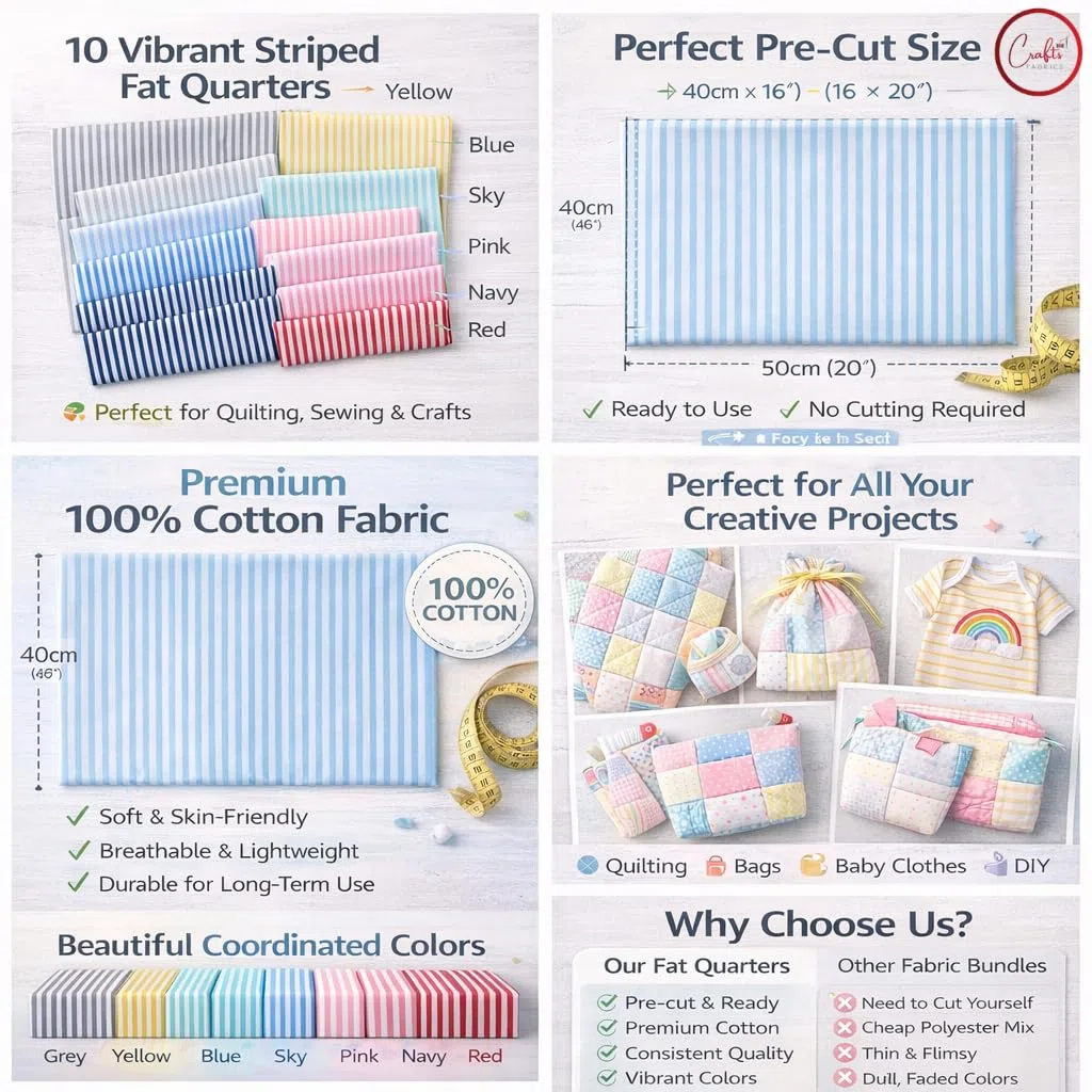 CraftsFabrics 10 Pezzi (40,6 x 50,8 cm) Fat Quarter a Strisce Colorate Tessuto 100% Cotone Per Quilting, Cucito, Artigianato, Patchwork