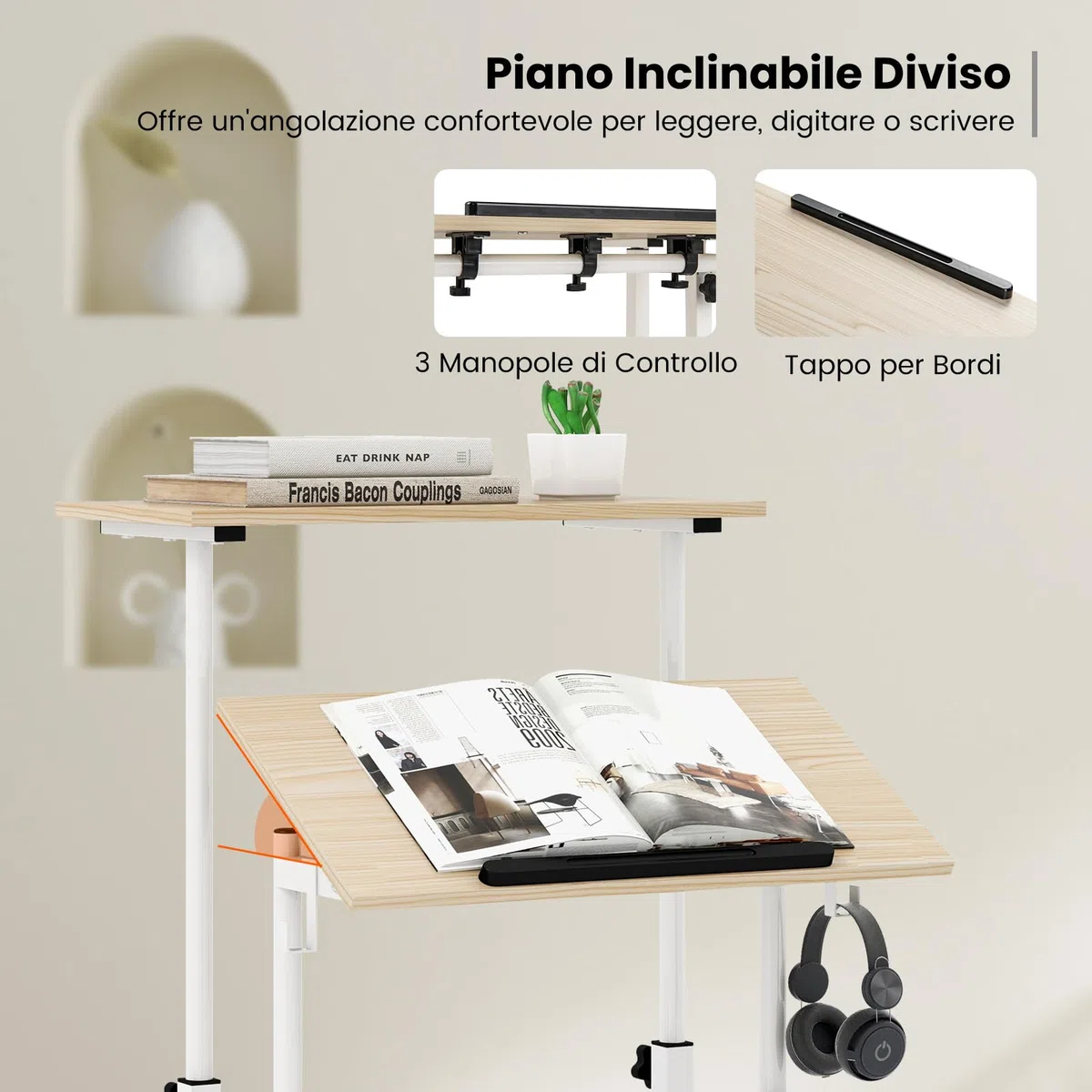 COSTWAY Scrivania per Computer Regolabile in Altezza, Postazione di Lavoro per Computer con Ruote e Ganci, Tavolo Porta PC per Studio e Ufficio, 60 x 60 x 72-124 cm (Naturale)