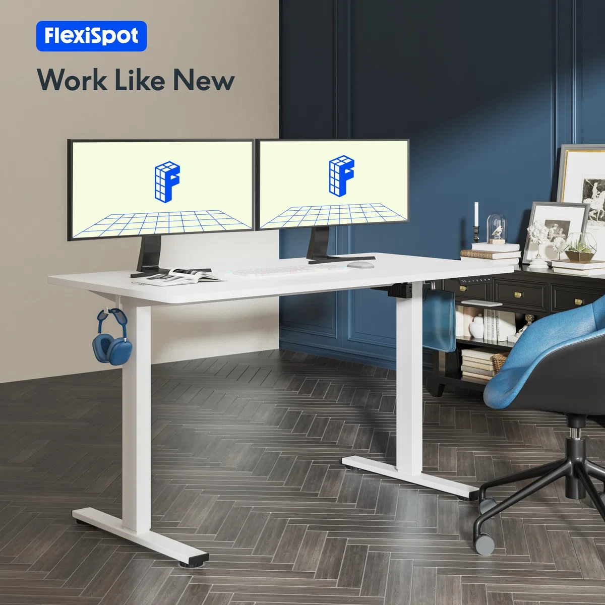 FLEXISPOT Scrivania Regolabile in Altezza Basic – Con Gestione Cavi, Ganci e Piano Monoblocco, Scrivania Ergonomica per Home Office (120x60 cm, Bianco)