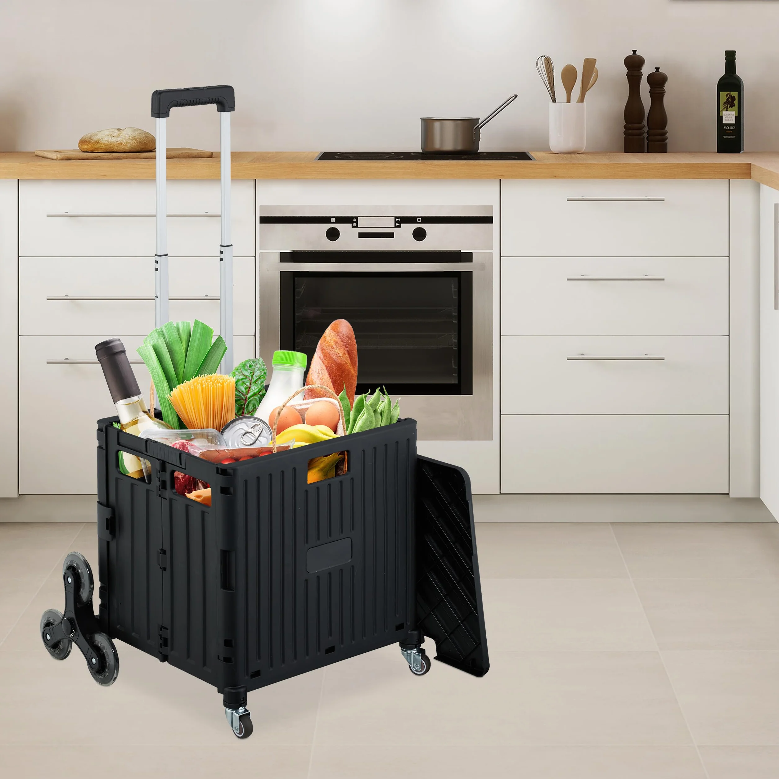 Relaxdays Carrello per Spesa Montascale, 35 kg Carico, Manico e Coperchio, Carrellino Trolley Portaspesa Saliscale, Nero