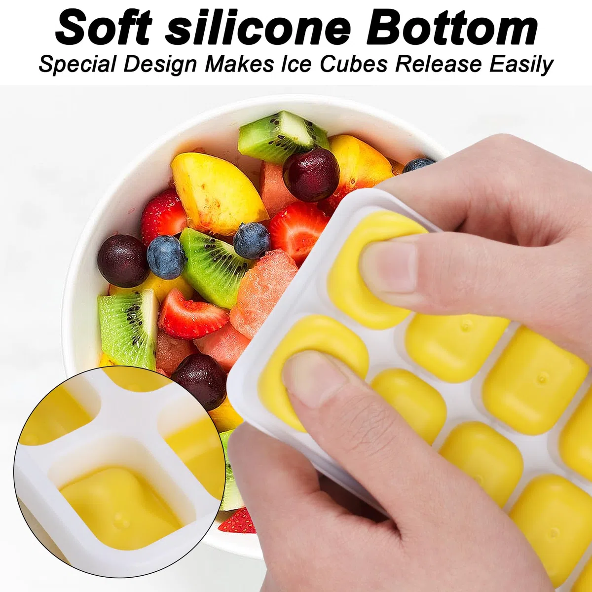 4 vassoi per vassoi per cubetti di ghiaccio in silicone con coperchi, vassoi per cubetti di ghiaccio impilabili senza BPA per cubetti di ghiaccio. Viene fornito con pinze per cubetti di ghiaccio