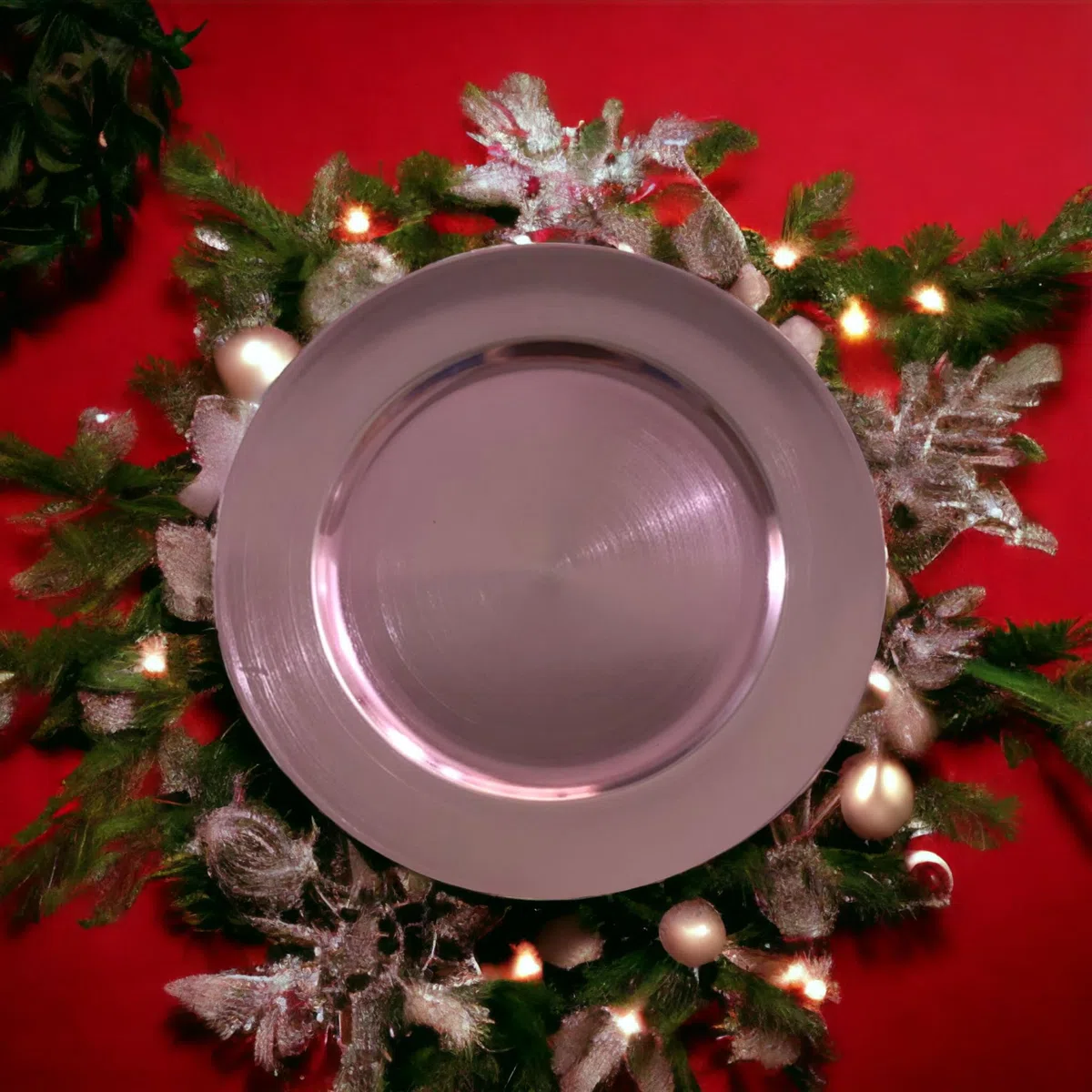 Generico Sottopiatti Rosa Antico SPAZZOLATO Bordo LISCIO, uso Decorativo in plastica Rigida Bordo liscio, Tondo 33 cm, Natale cenone sotto Piatto Natalizio Cenone Capodanno Aperitivo (6 e 12 pz) (6)