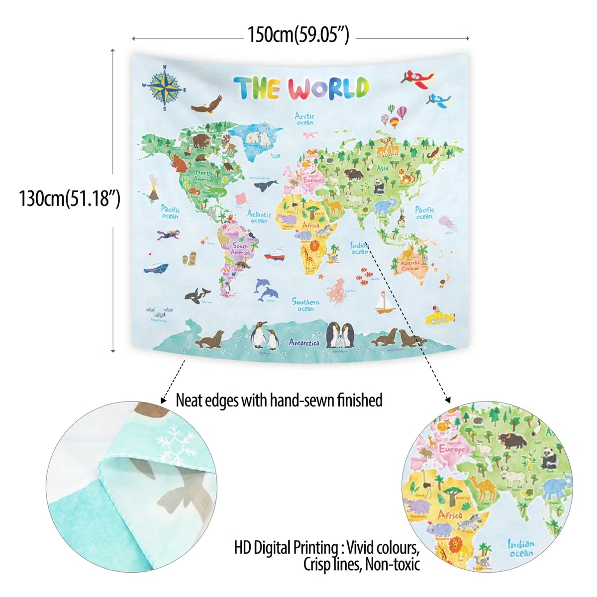 BASHOM TP-001 Poster con Mappa del Mondo degli Animali per Bambini Apprendimento Educativo Appeso a Parete per Camera da Letto Soggiorno Asilo Nido Dormitorio Home Decor 60''x50'' (150x130 cm)