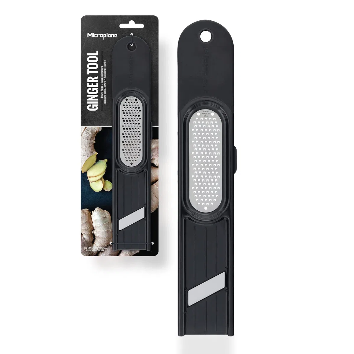 Microplane Accessorio per Zenzero 3 in 1 | Un Unico Strumento Che grattugia, sbuccia e affetta Lo Zenzero | Affilatissima Lama fine in Acciaio Inossidabile | Lama affilata per affettare