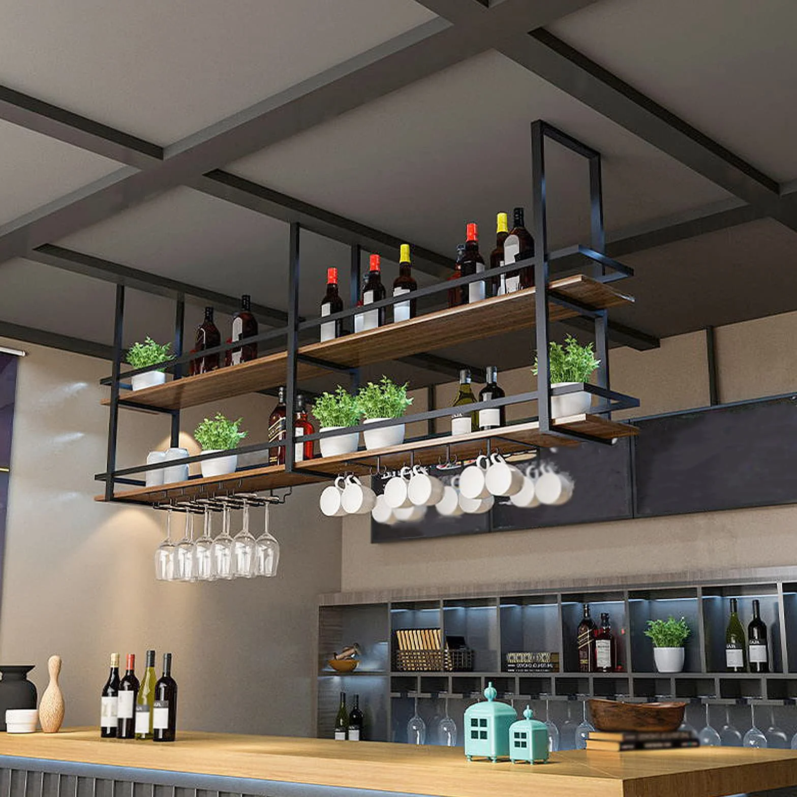 Portabottiglie da Soffitto - Mensola da Soffitto Porta Bicchiere da vino Sospeso, Portabottiglie da Appendere Industriale 2 strati per Cucina Bar Caffetteria (100×30×80cm, Black)