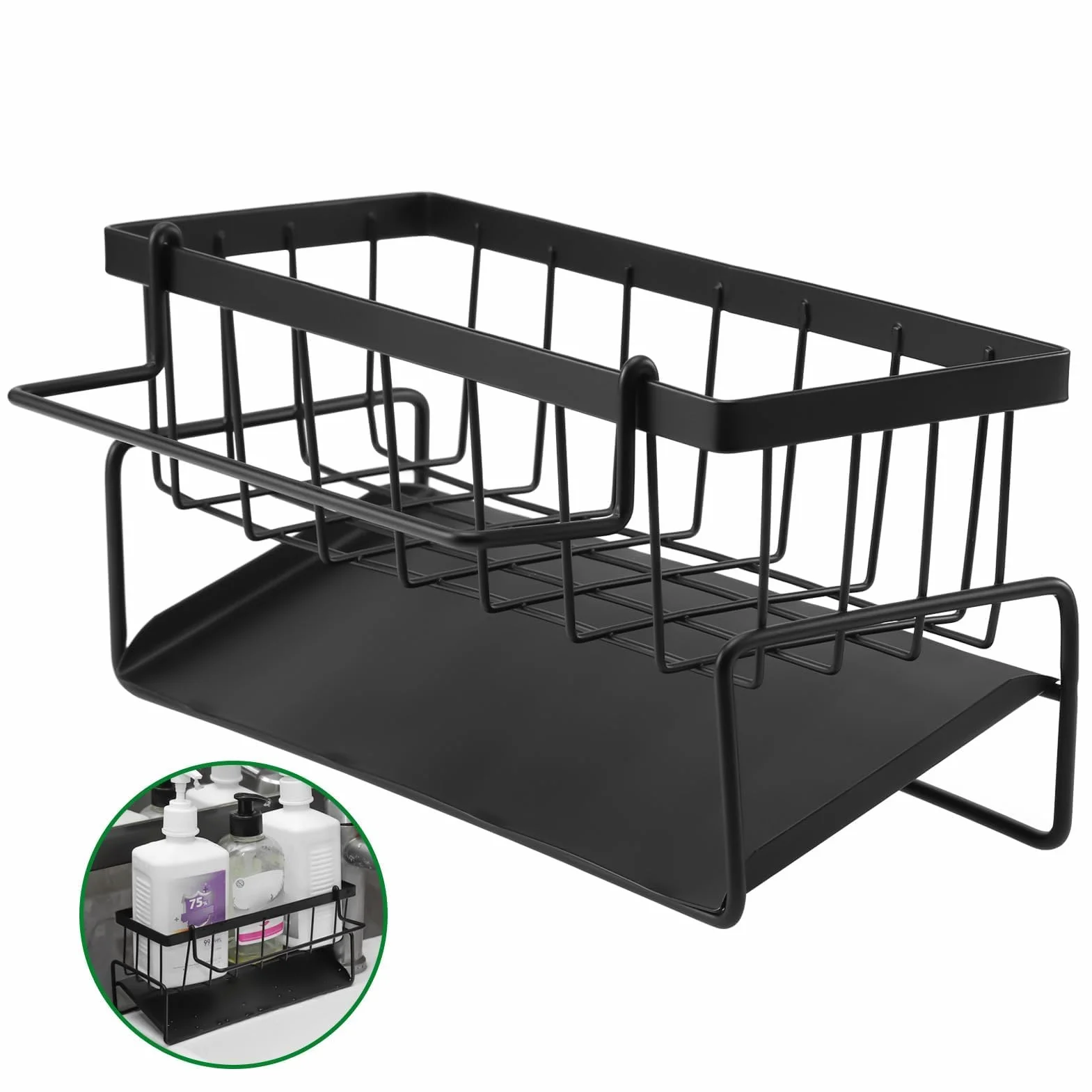 Porta Spugne Cucina Lavello, Acciaio Carbonio Organizzatore Lavello Cucina con Vassoio Gocciolamentoe Portasciugamani, Organizer Lavello Cucina per Spazzole Stracci Spugne, Nero