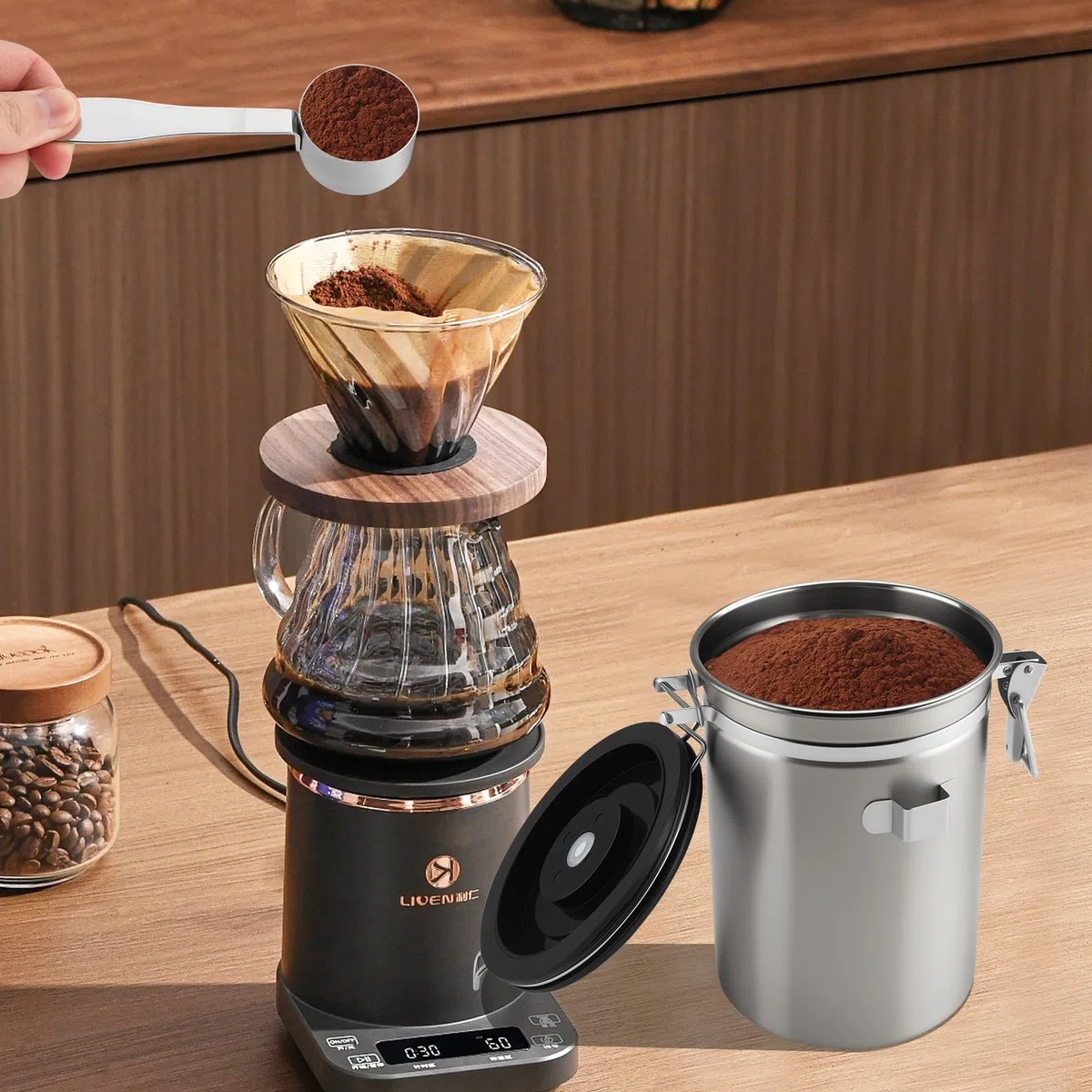 1,8 L Barattolo Caffe Ermetico, Inossidabile 304 Contenitore per Caffè - Barattolo per Caffè, con Un Quadrante Della Data e Cucchiaio, per Farina, Fagioli, Tè, Cereali e Zucchero (Grigio)