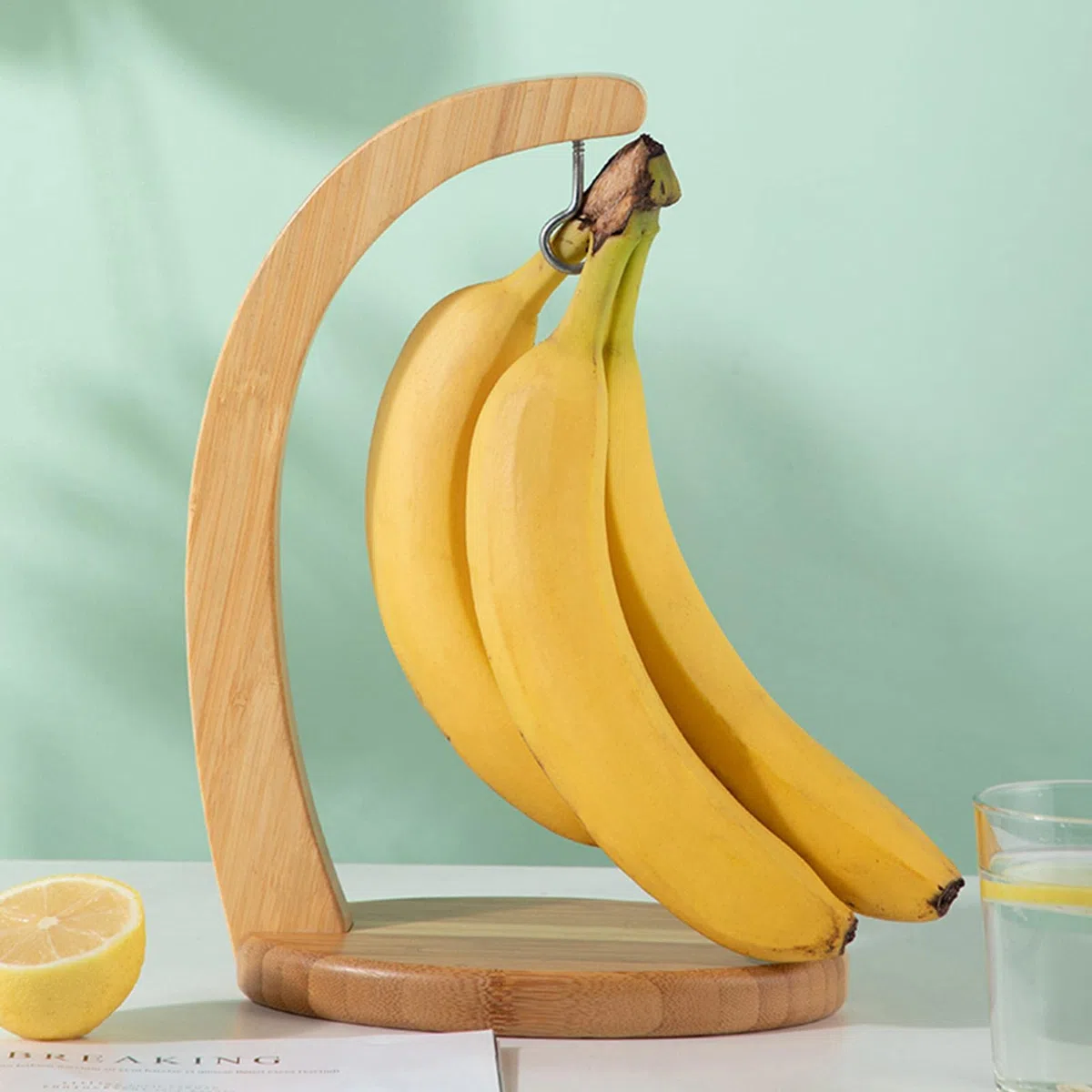 Supporto a banana, multifunzione, in legno, con ganci per riporre frutta sul piano di lavoro a casa o al bar