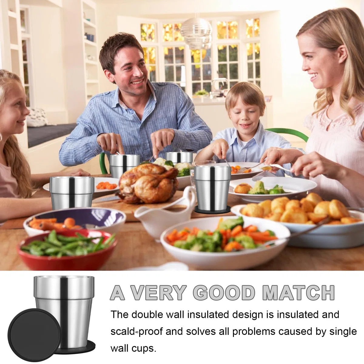 Set di 4 tazze in acciaio inox a doppia parete + silicone Coaster, impilabili, tazze da caffè/tè/bicchieri da birra, per casa, feste o campeggio, 6 once (175 ml)
