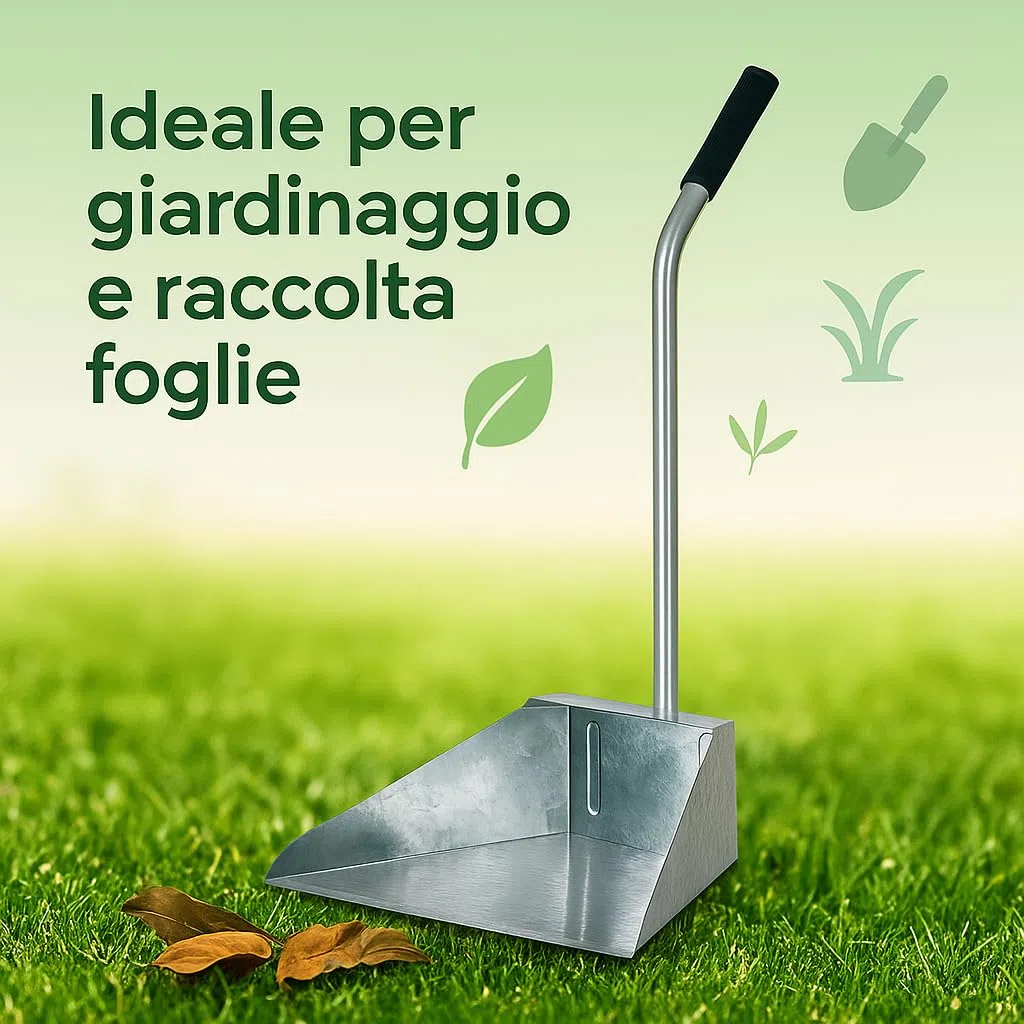 Paletta alza immondizia in acciaio zincato con manico lungo e impugnatura in plastica – 34x25x76 cm