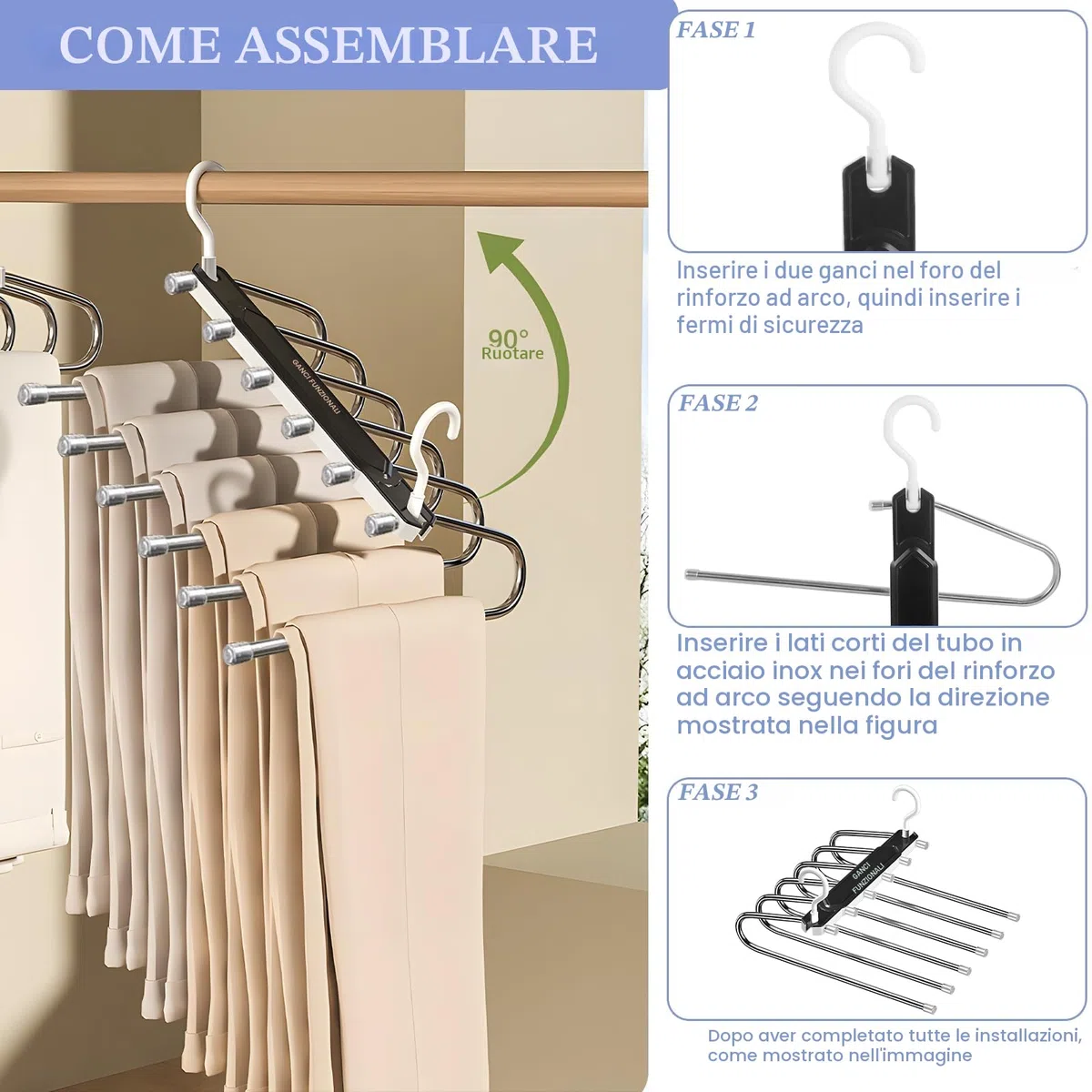 MOYKSRR 6 in 1 Grucce Pantaloni, 2 Pezzo Acciaio Inossidabile Grucce Pantaloni, Appendini Salvaspazio Armadio, Appendini Portatili Multifunzionali Adatto per Pantaloni, Jeans, Sciarpe, Gonne