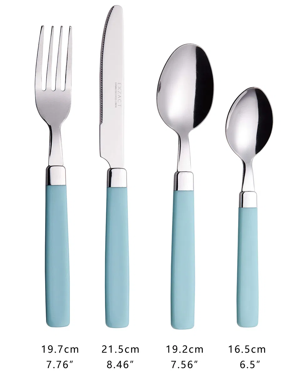 Exzact Posate Acciaio Inox con Manici Colorati 16 PZ - 4 Forchette, 4 Coltelli, 4 Cucchiai Cena, 4 Cucchiaini - EX23 (Turchese x 16)