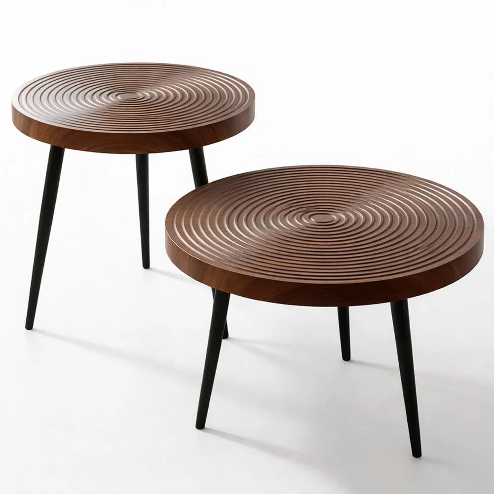 BAKAJI Set 2 Tavolini da Caffè Tondi Design Industrial, Tavoli da Soggiorno Rotondi con Piano Intagliato e Gambe in Metallo, Tavolino da Salotto Rotondo Salvaspazio per Casa, Ufficio, Negozio (Noce)
